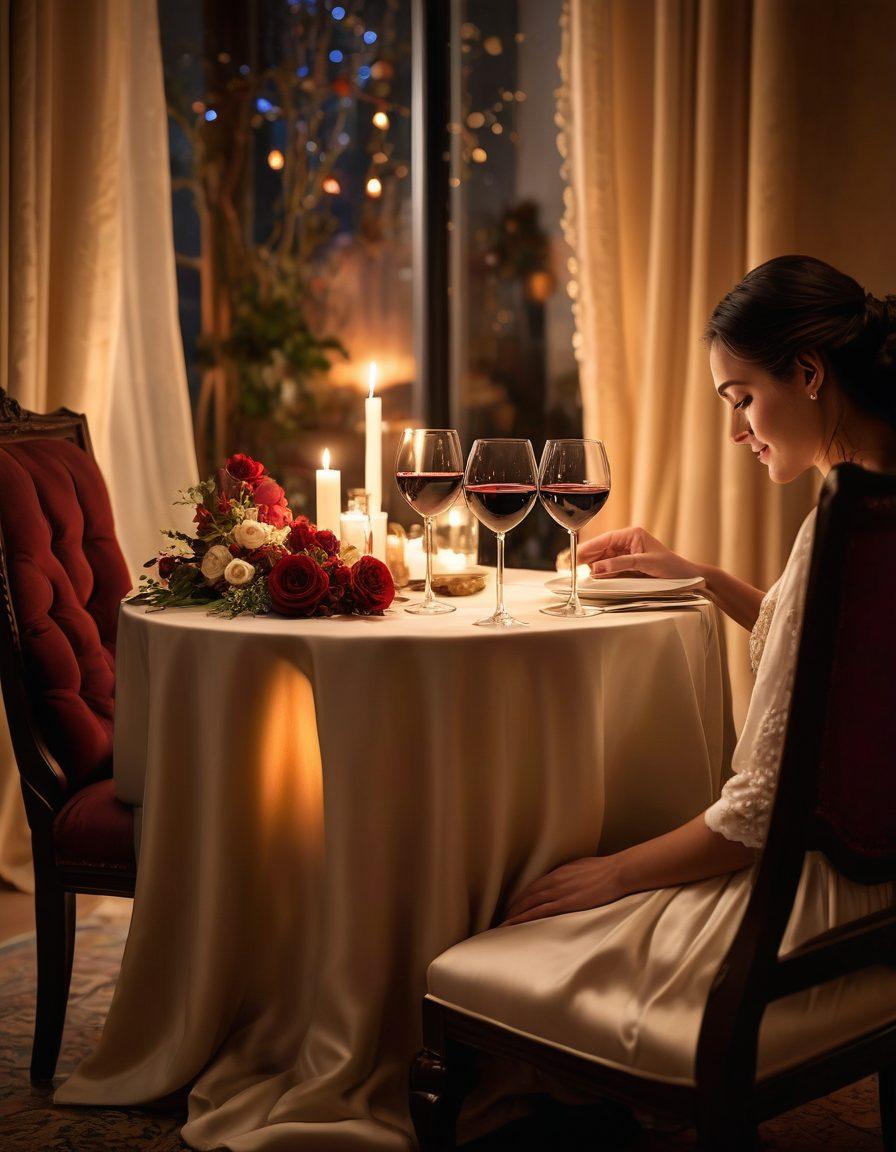 A cozy, intimate setting featuring a warmly lit table for two, adorned with delicate flowers and flickering candles. In the background, silhouettes of a couple gently leaning towards each other with soft smiles, suggesting connection and chemistry. Incorporate elements of sensuality, like a soft fabric draping over a chair, and romantic touches like a glass of wine or dessert. The ambiance should feel inviting and passionate, evoking the essence of romance and allure. soft lighting. warm tones. elegant design.