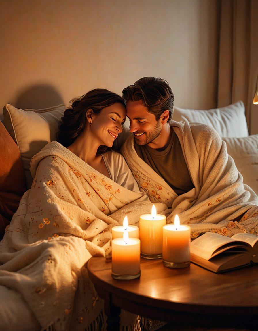 A cozy, warmly lit room featuring a couple sitting close together on a plush sofa, sharing a heartfelt laugh. Soft candles flicker on a nearby table, while an open book on intimacy lies beside them. Include subtle romantic elements like a bouquet of flowers and soft throw blankets. The atmosphere exudes warmth, connection, and comfort. super-realistic. warm colors. intimate setting.
